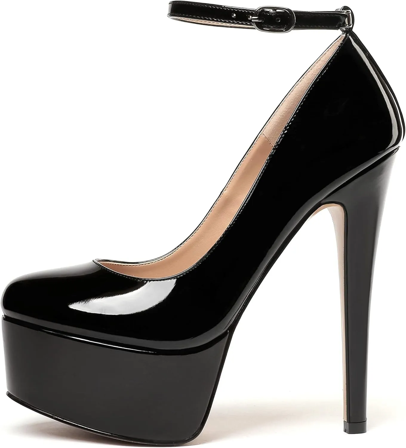 WAYDERNS Women's Round Toe Patent Platform Ankle Strap Stiletto Super High Heel Pumps Shoes 6 Inch