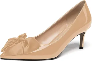 WAYDERNS Women's Satin Bow Decoration Pointed Toe Slip On Patent Stiletto Mid Heel Pumps Shoes 2.5 Inch