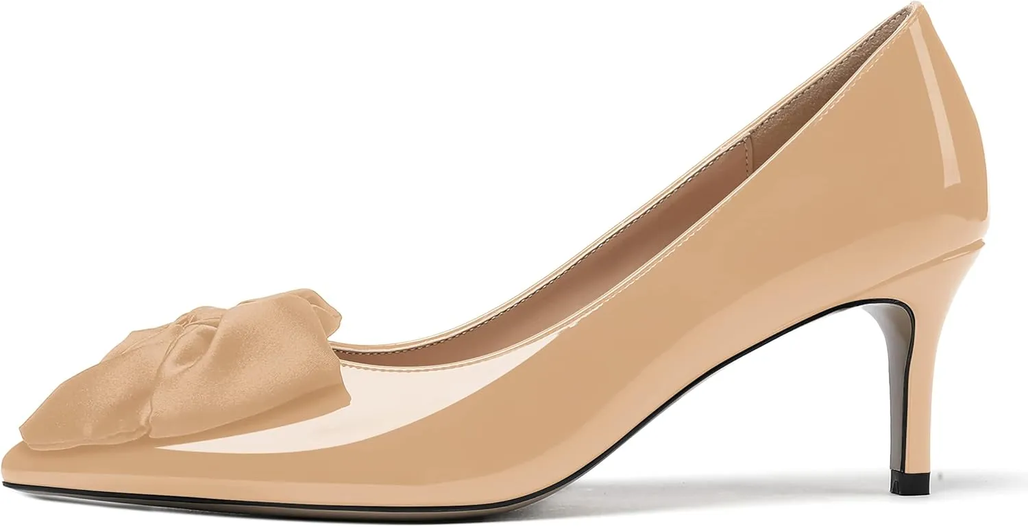 WAYDERNS Women's Satin Bow Decoration Pointed Toe Slip On Patent Stiletto Mid Heel Pumps Shoes 2.5 Inch