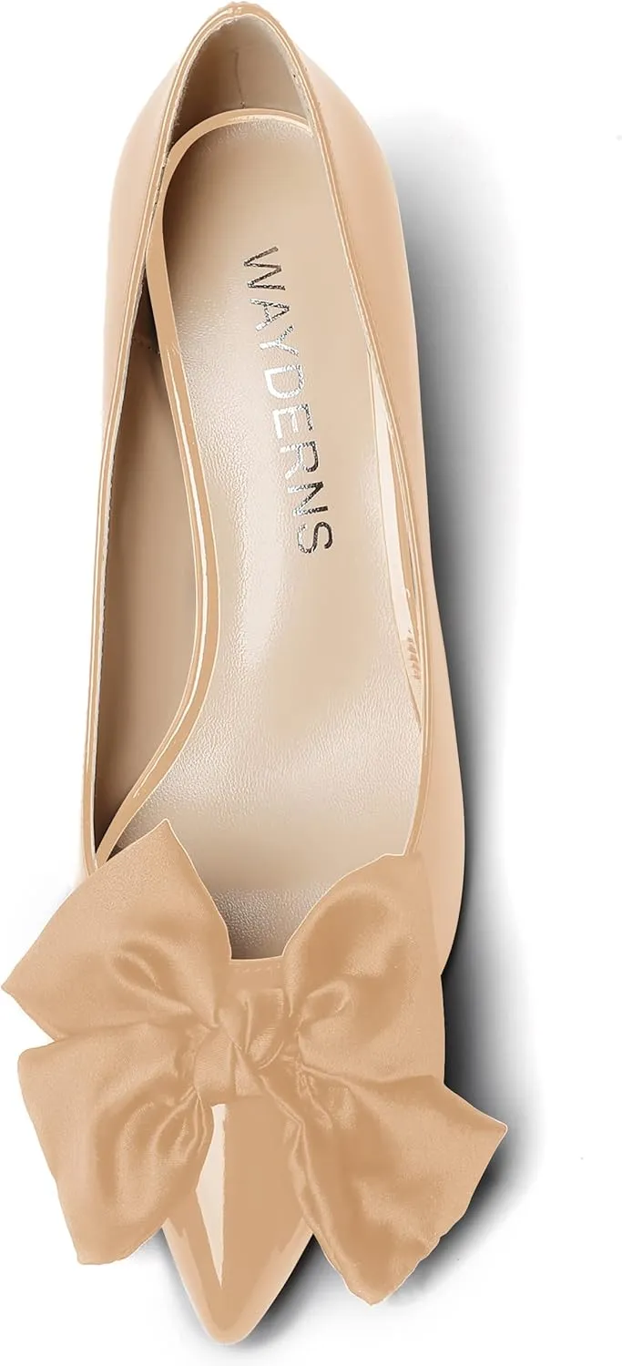 WAYDERNS Women's Satin Bow Decoration Pointed Toe Slip On Patent Stiletto Mid Heel Pumps Shoes 2.5 Inch