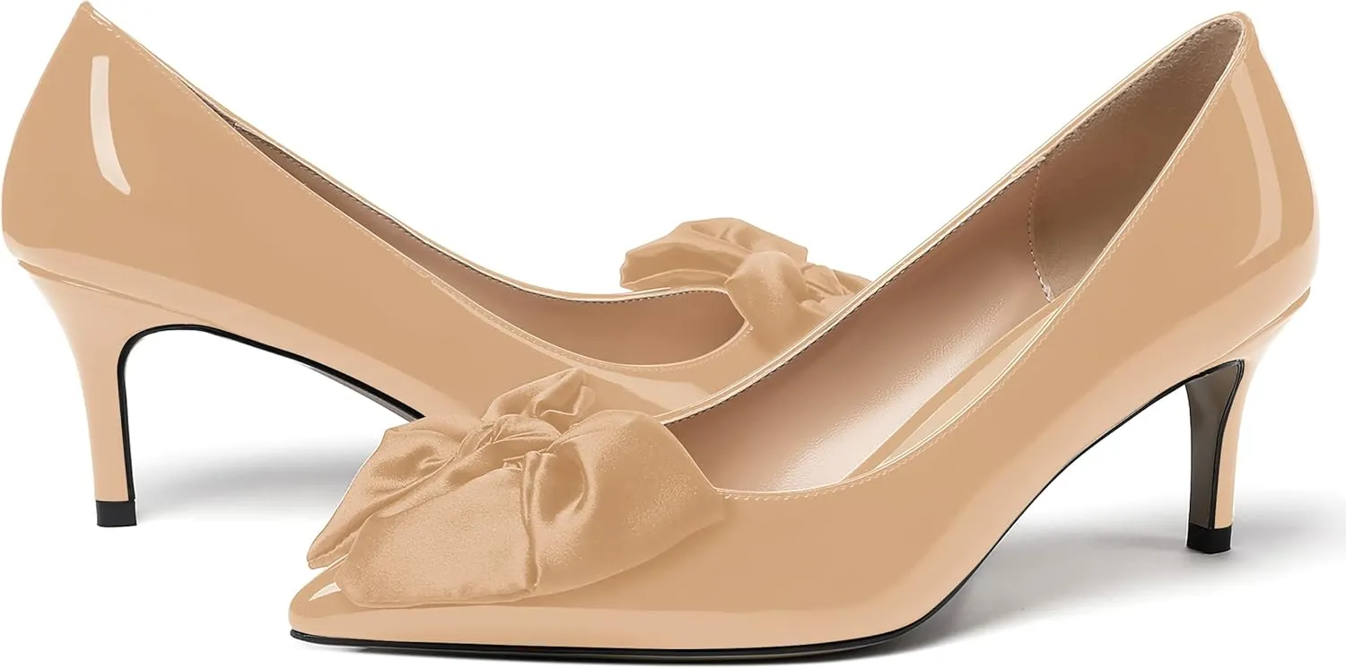 WAYDERNS Women's Satin Bow Decoration Pointed Toe Slip On Patent Stiletto Mid Heel Pumps Shoes 2.5 Inch