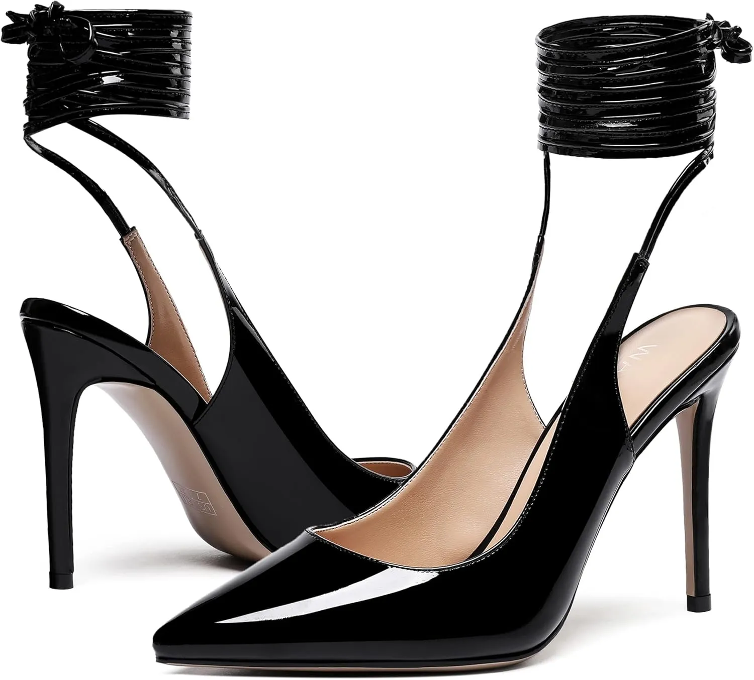 WAYDERNS Women's Slender Wrap-Around Ankle Straps Pointed Toe Slingback Patent Stiletto High Heel Pumps Shoes 4 Inch