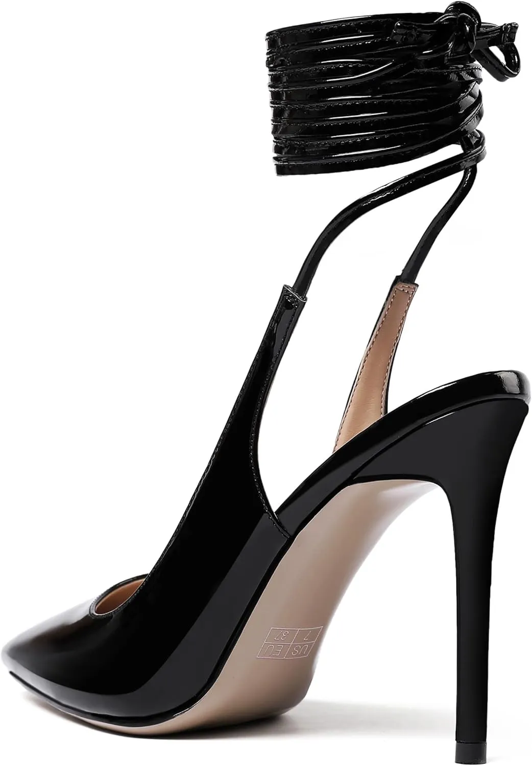 WAYDERNS Women's Slender Wrap-Around Ankle Straps Pointed Toe Slingback Patent Stiletto High Heel Pumps Shoes 4 Inch