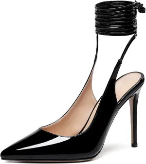 WAYDERNS Women's Slender Wrap-Around Ankle Straps Pointed Toe Slingback Patent Stiletto High Heel Pumps Shoes 4 Inch