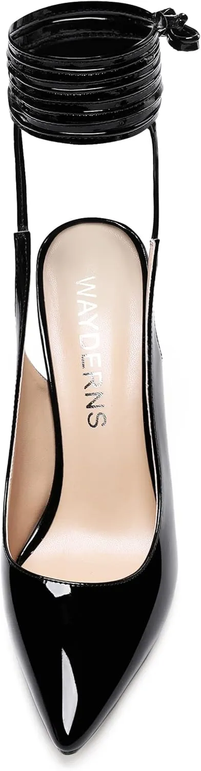 WAYDERNS Women's Slender Wrap-Around Ankle Straps Pointed Toe Slingback Patent Stiletto High Heel Pumps Shoes 4 Inch
