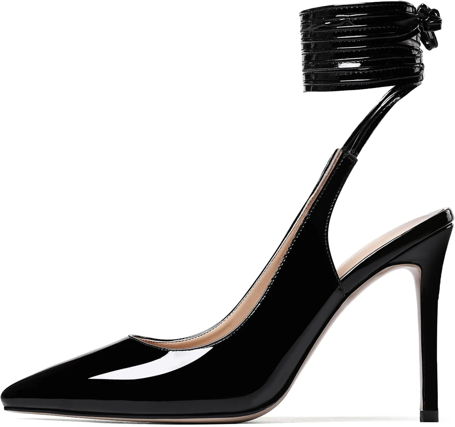 WAYDERNS Women's Slender Wrap-Around Ankle Straps Pointed Toe Slingback Patent Stiletto High Heel Pumps Shoes 4 Inch