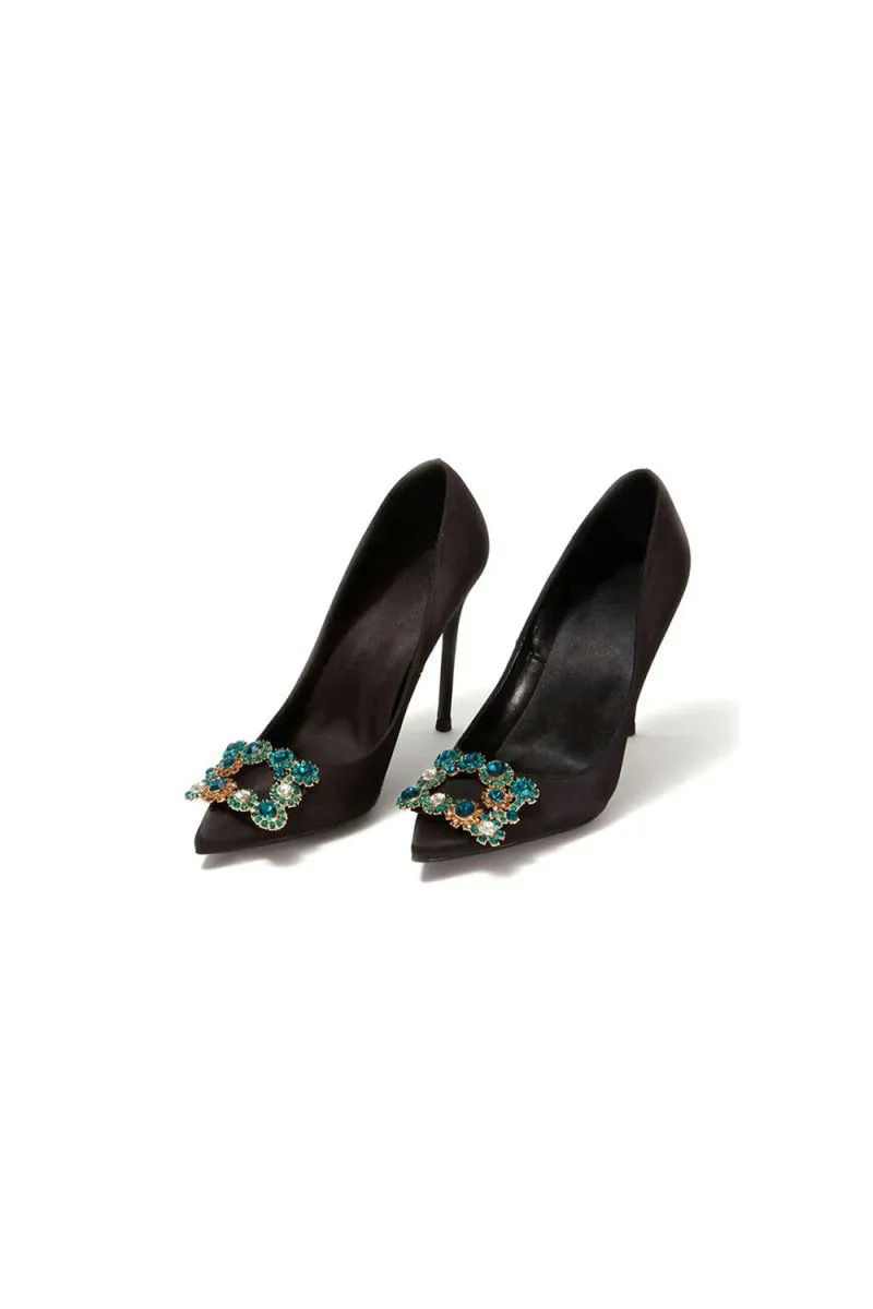 Wedding Satin Pointed Toe Rhinestones Buckle Stiletto Heel Pumps