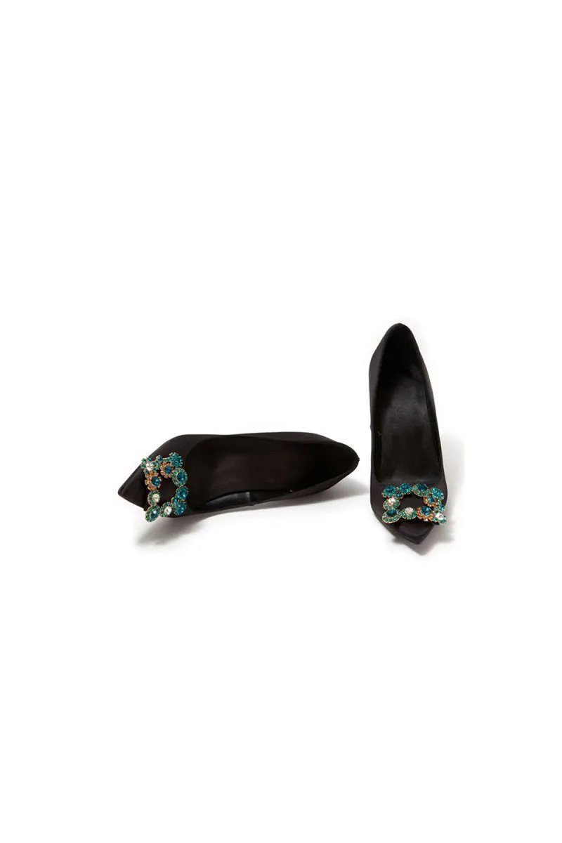 Wedding Satin Pointed Toe Rhinestones Buckle Stiletto Heel Pumps