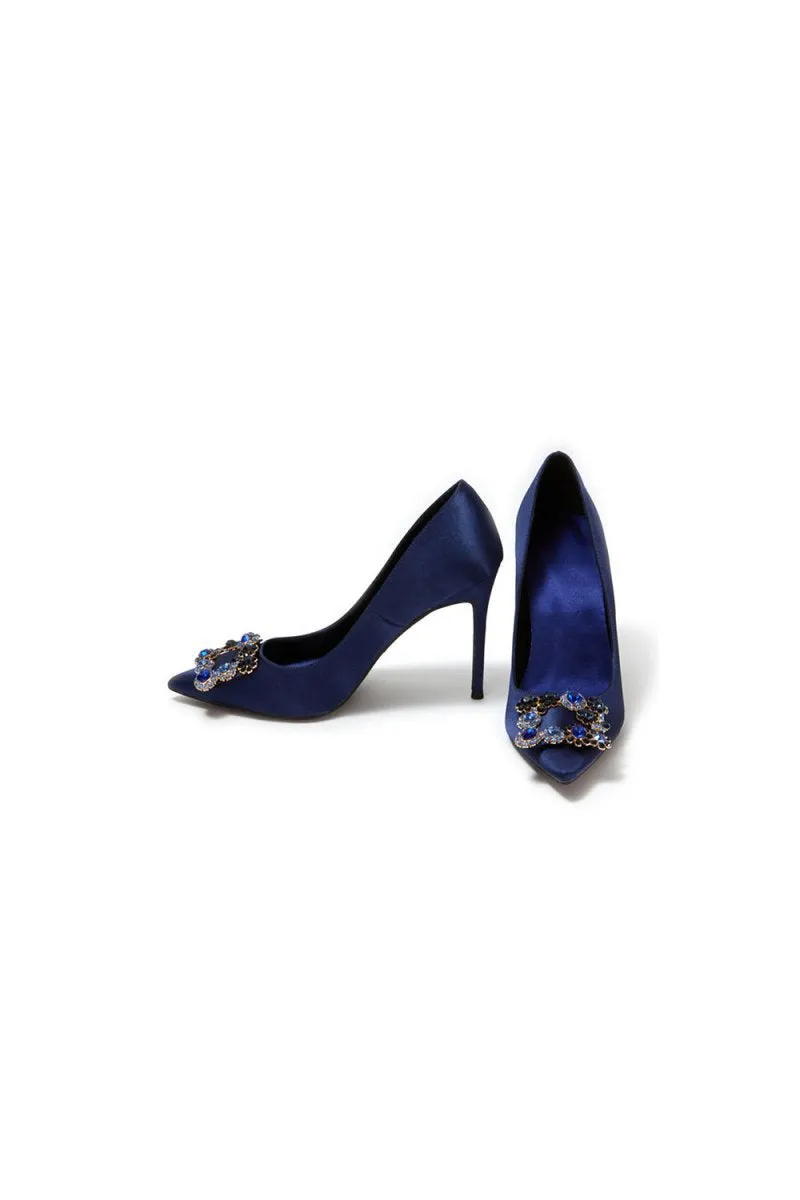 Wedding Satin Pointed Toe Rhinestones Buckle Stiletto Heel Pumps