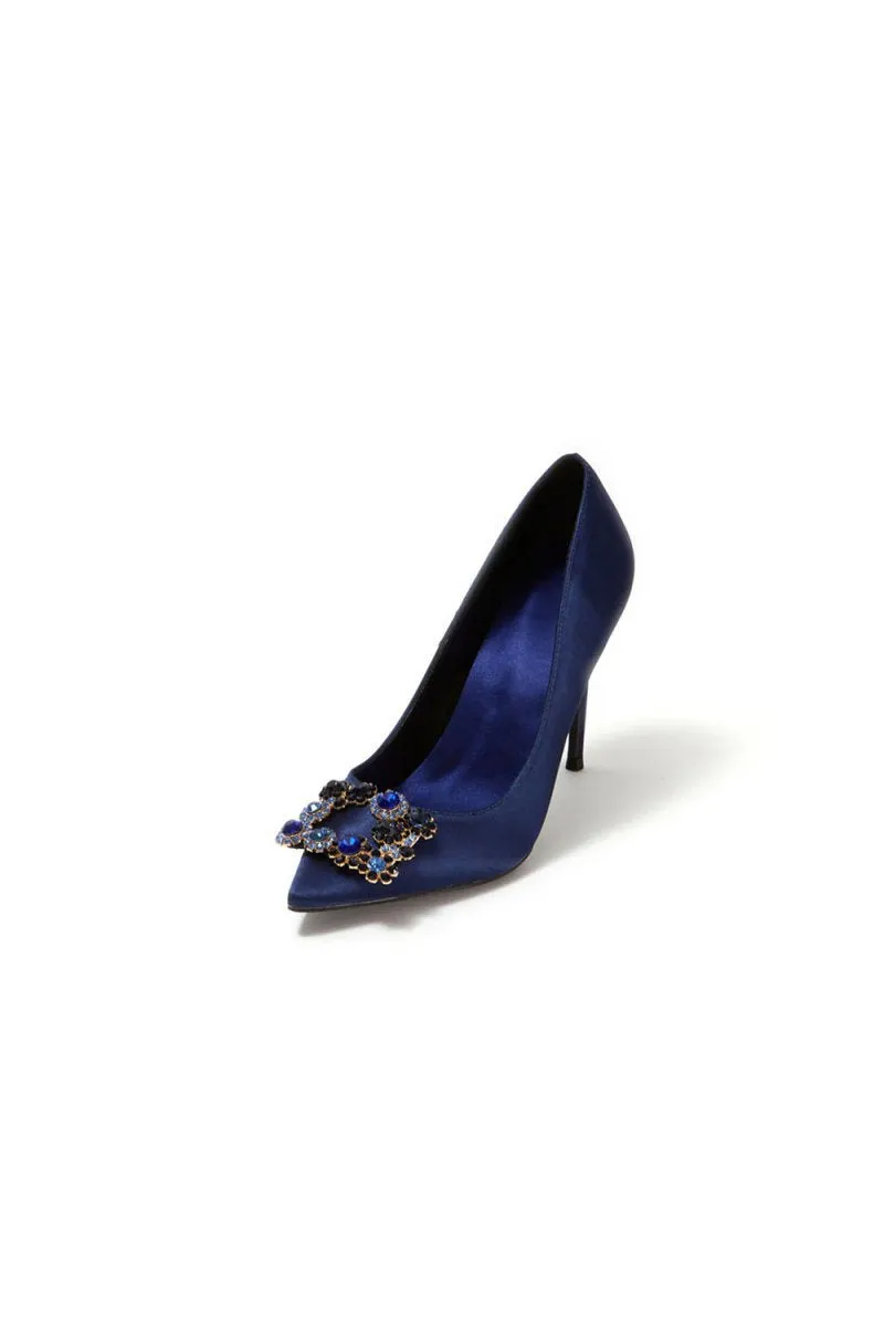 Wedding Satin Pointed Toe Rhinestones Buckle Stiletto Heel Pumps
