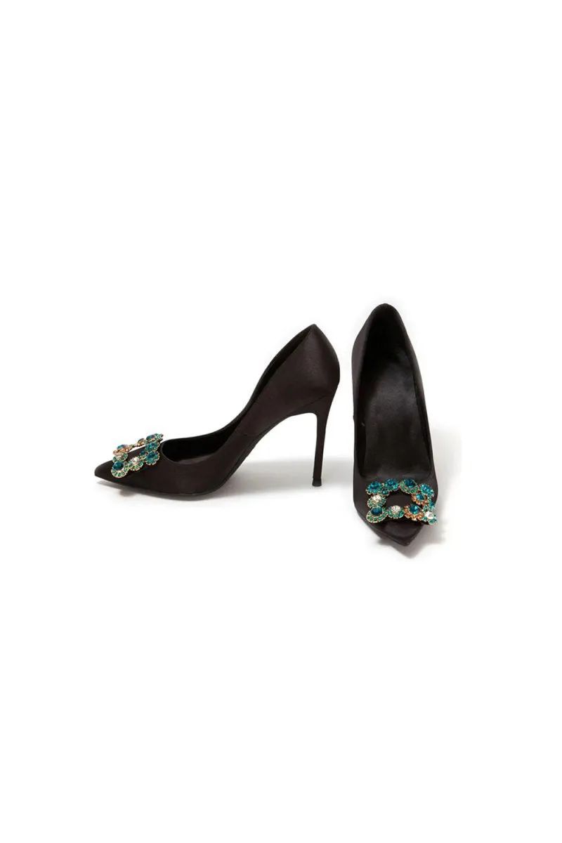 Wedding Satin Pointed Toe Rhinestones Buckle Stiletto Heel Pumps