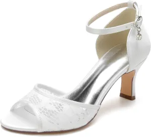 Wedding Shoes for Bride Peep Toe Comfortable Mid Block Heel Lace Ankle Strap Wedding Dress Pump Sandals 6.5Cm Heel Height