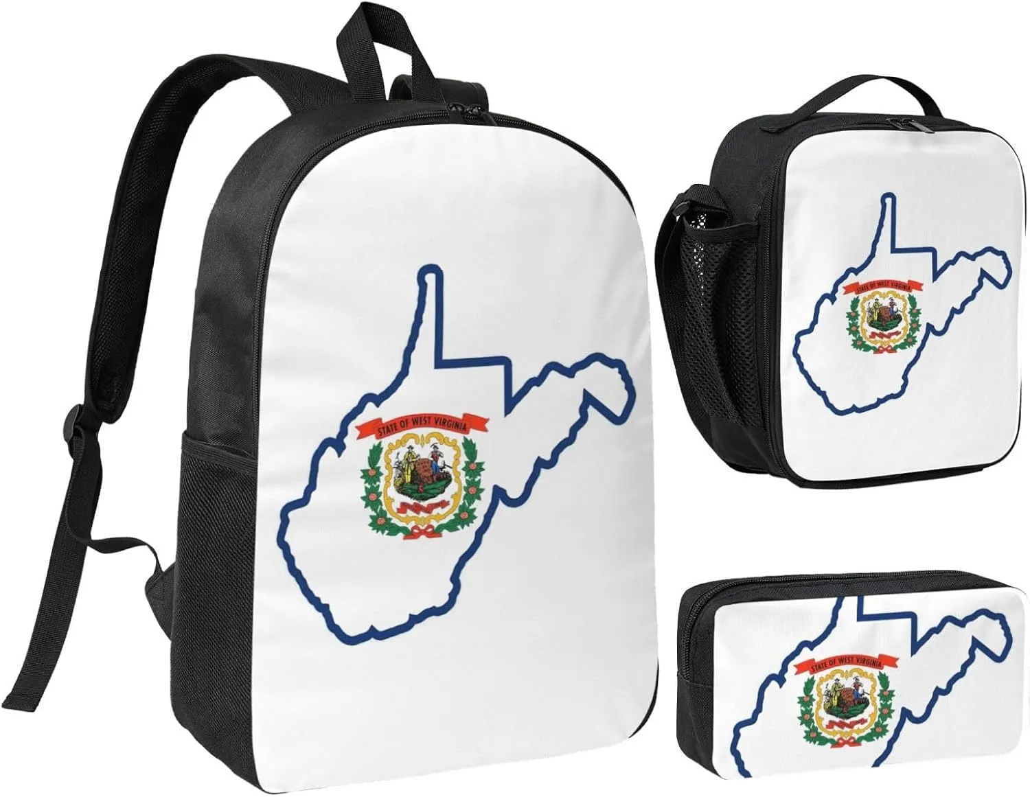 West Virginia state Flag Map print 3 Piece Backpack Bags with Lunch Box Pencil Case Set for Travel Work Camping Unisex