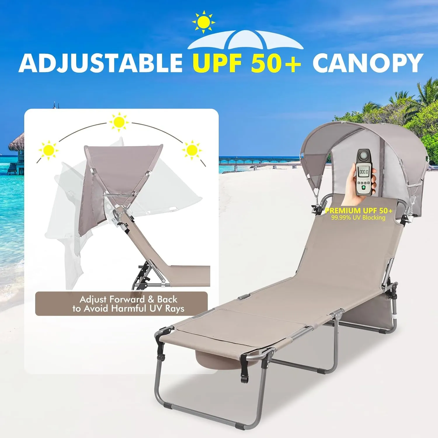 Wheel-To-Go Tanning Chair with Wheels Sun Canopy Umbrella Face Hole Thicker Washable Adjustable, Heavy Duty Folding Lay Flat Sun Lounge Chair Beach Outside Sunbathing Reading, UPF 50  (Patent Design)