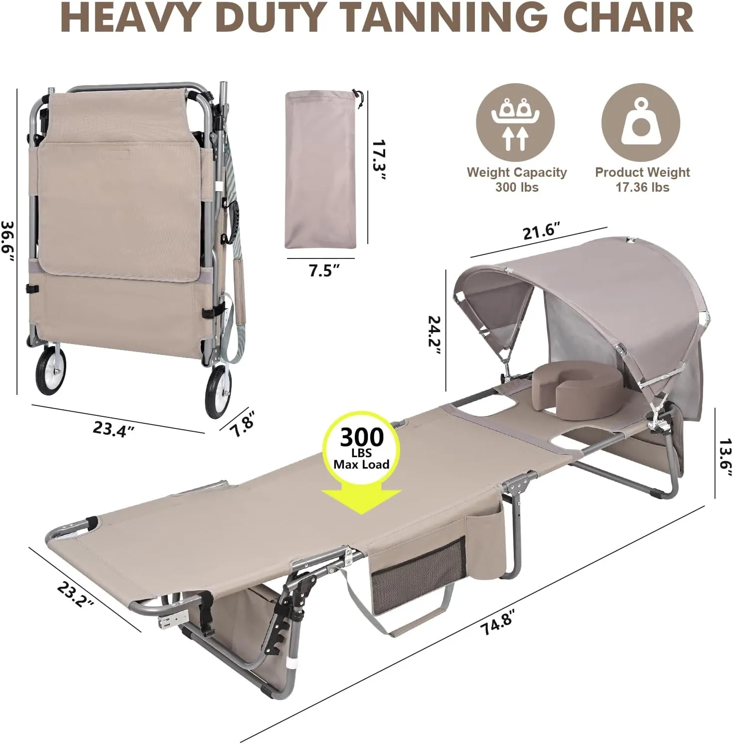 Wheel-To-Go Tanning Chair with Wheels Sun Canopy Umbrella Face Hole Thicker Washable Adjustable, Heavy Duty Folding Lay Flat Sun Lounge Chair Beach Outside Sunbathing Reading, UPF 50  (Patent Design)