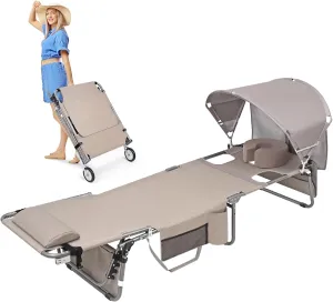 Wheel-To-Go Tanning Chair with Wheels Sun Canopy Umbrella Face Hole Thicker Washable Adjustable, Heavy Duty Folding Lay Flat Sun Lounge Chair Beach Outside Sunbathing Reading, UPF 50  (Patent Design)