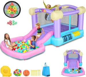 Whubefy Inflatable Pink Bounce House for Kids 2-8 with Slide, Ball Pit & 50 Ocean Balls, 161x82x63'' Jumping Castle w/Blower, Basketball Hoop, Dartboard, Stakes, Storage Bag for Indoor Outdoor Party