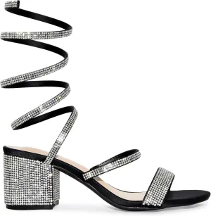 Wild Diva Satin Rhinestone Spiral Ankle Strap Low Block Heels