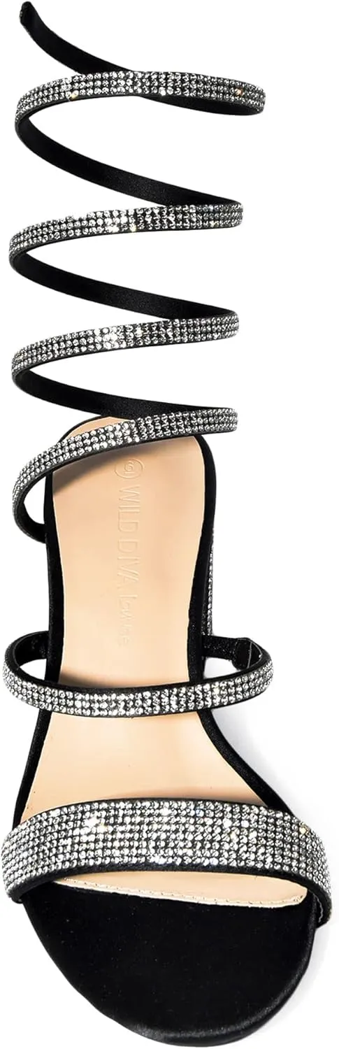 Wild Diva Satin Rhinestone Spiral Ankle Strap Low Block Heels