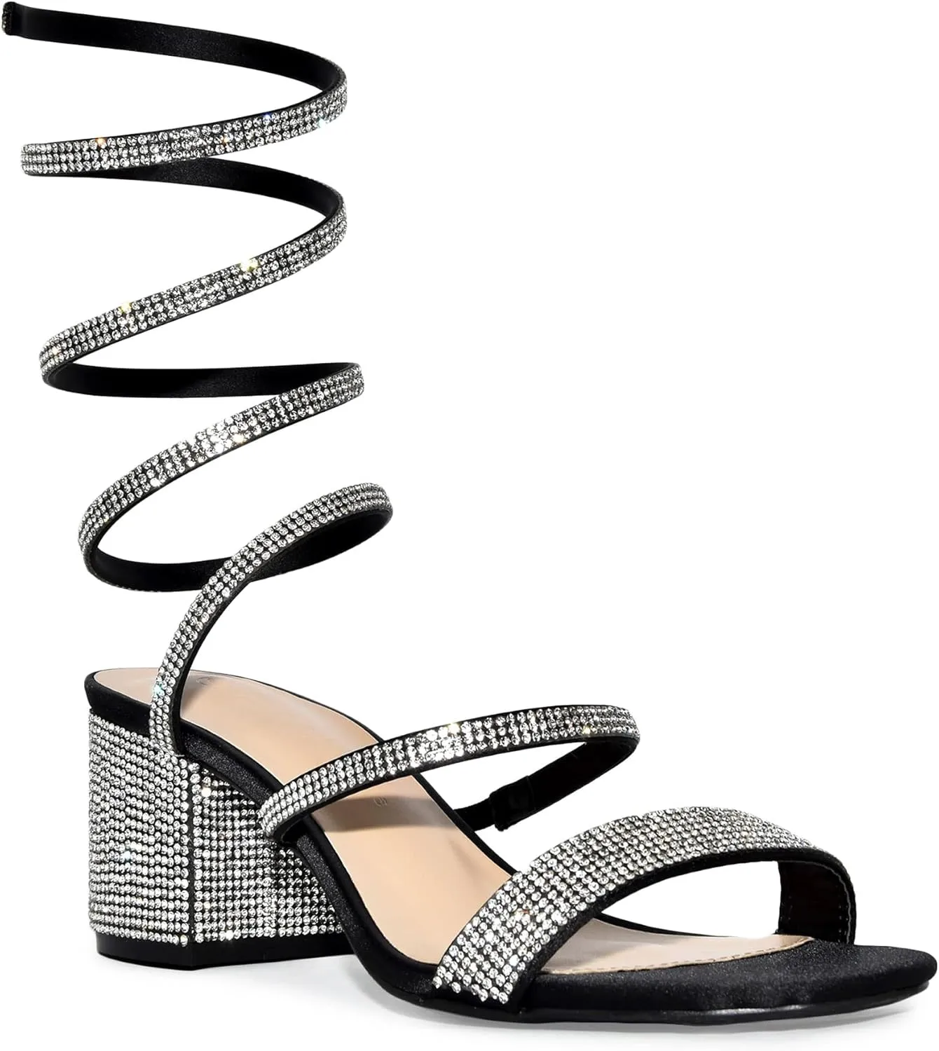 Wild Diva Satin Rhinestone Spiral Ankle Strap Low Block Heels