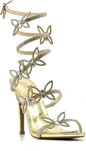 Wild Diva Women's Berlin-527 Diamante Butterfly Detail Wrap Around Rhinestone Strap Stiletto Heel Sandal