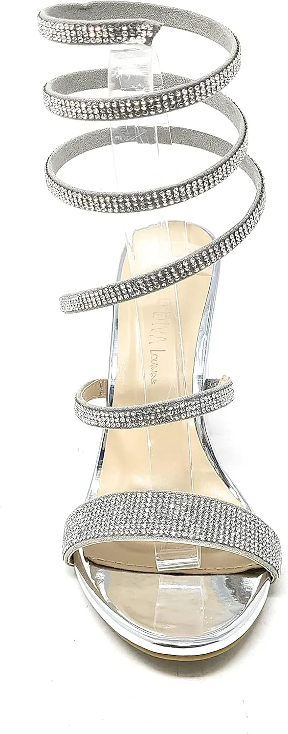 Wild Diva Women's Formal Rhinestone Coil Spiral Ankle Wrap Strap High Chunky Block Heels Morris-567