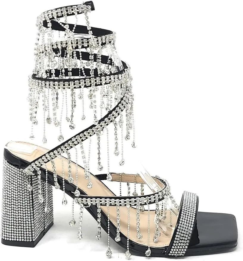 Wild Diva Women's Molla-01 Chandelier Embellished Rhinestone Spiral Coil Wrap Around Chunky Block Heels