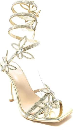 Wild Diva Women's Narala-41A Diamante Butterfly Detail Wrap Around Rhinestone Strap Stiletto Heel Sandal