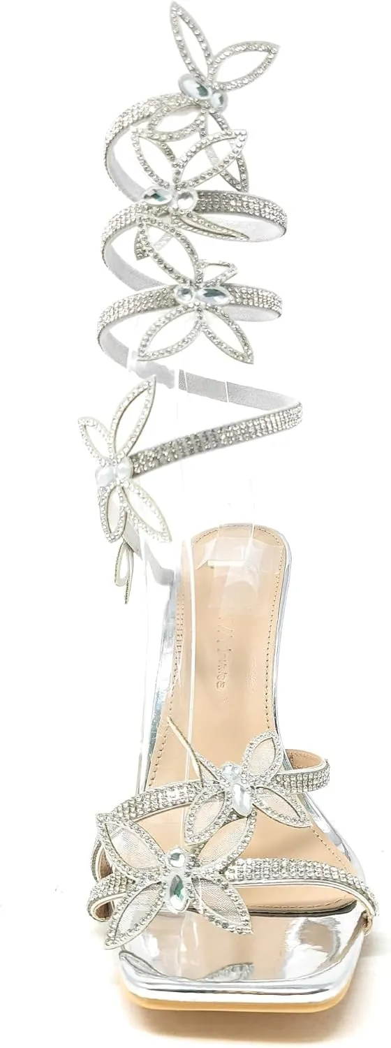 Wild Diva Women's Narala-41A Diamante Butterfly Detail Wrap Around Rhinestone Strap Stiletto Heel Sandal