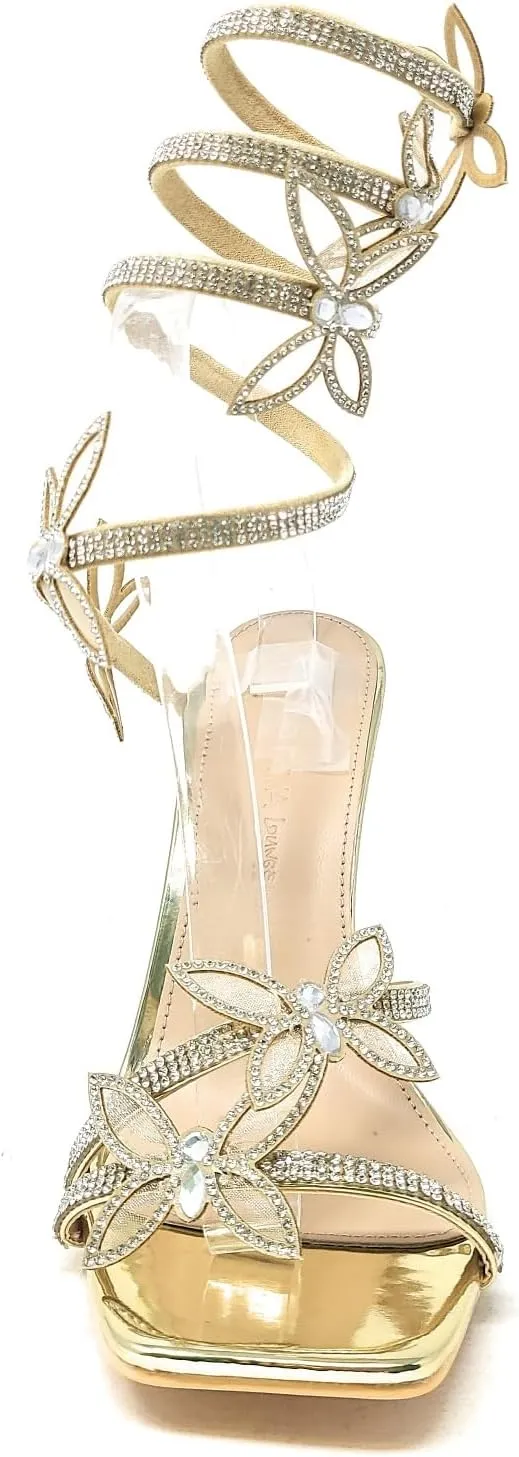 Wild Diva Women's Narala-41A Diamante Butterfly Detail Wrap Around Rhinestone Strap Stiletto Heel Sandal