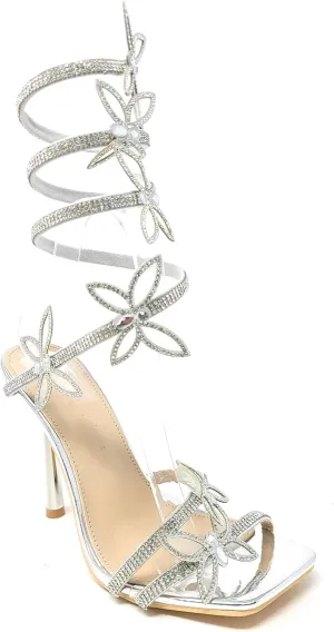 Wild Diva Women's Narala-41A Diamante Butterfly Detail Wrap Around Rhinestone Strap Stiletto Heel Sandal