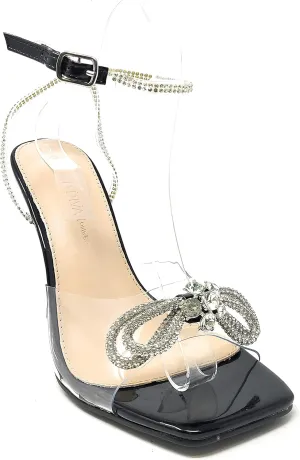 Wild Diva Women's Square Toe Rhinestone Embellished Straps & Bow Clear Vamp Formal Stiletto High Heels Narala-15