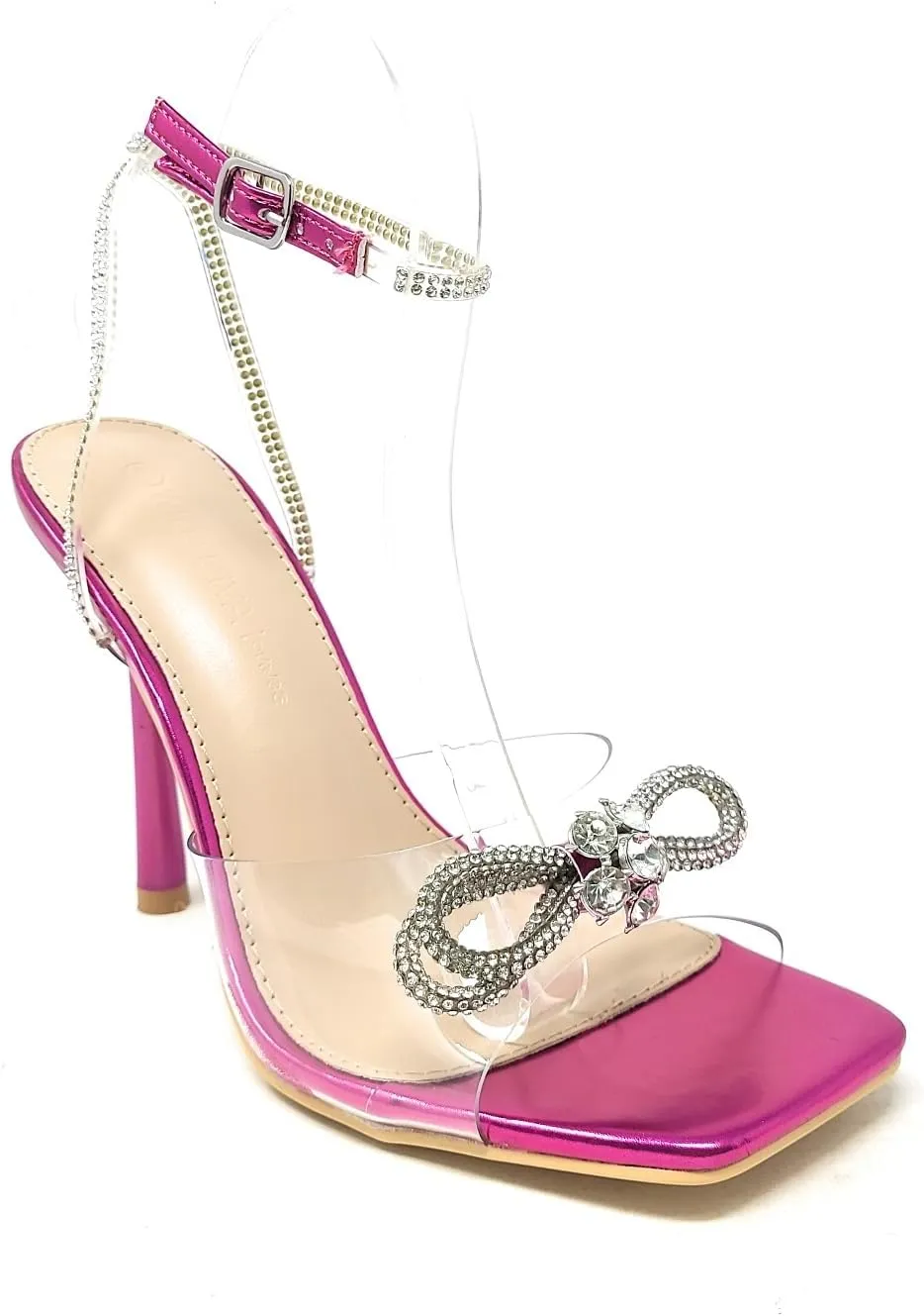 Wild Diva Women's Square Toe Rhinestone Embellished Straps & Bow Clear Vamp Formal Stiletto High Heels Narala-15