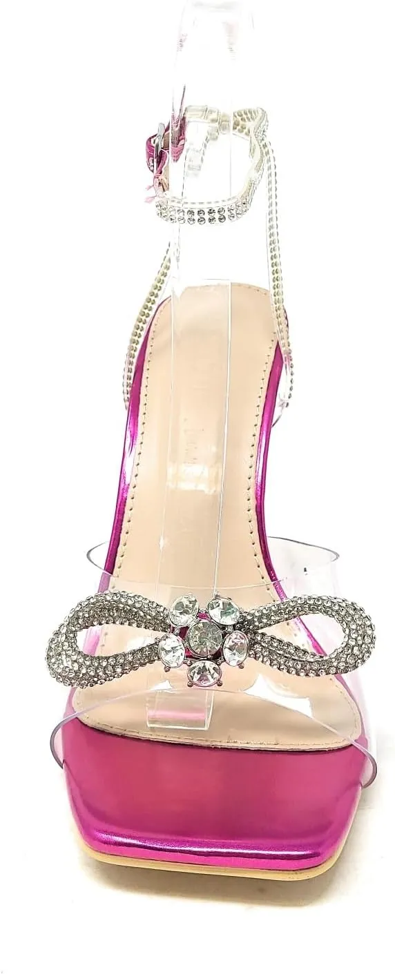 Wild Diva Women's Square Toe Rhinestone Embellished Straps & Bow Clear Vamp Formal Stiletto High Heels Narala-15