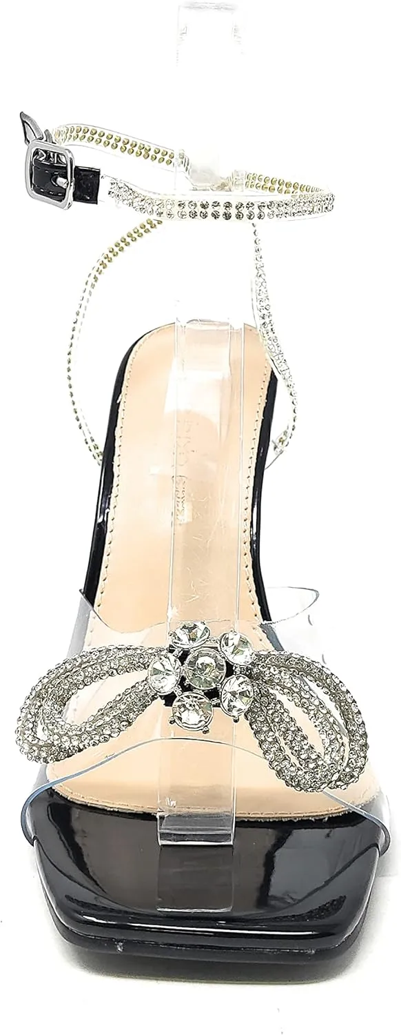 Wild Diva Women's Square Toe Rhinestone Embellished Straps & Bow Clear Vamp Formal Stiletto High Heels Narala-15
