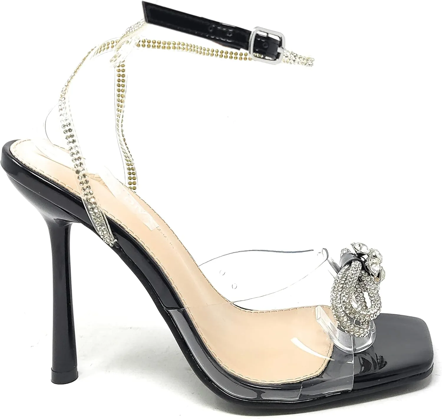 Wild Diva Women's Square Toe Rhinestone Embellished Straps & Bow Clear Vamp Formal Stiletto High Heels Narala-15