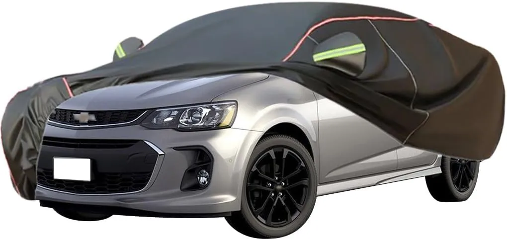 WOLWES Car Cover are Suitable for Chevrolet Aveo Saloon All-Weather Windproof, Snowproof, Rainproof, UV-Protected and Breathable All-Season Universal with Side Door Zip Oxford Cloth Car Cover (Color