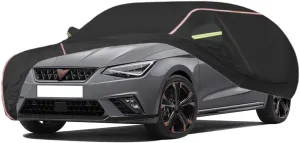 WOLWES Car Cover are Suitable for Cupra Ibiza All-Weather Windproof, Snowproof, Rainproof, UV-Protected and Breathable All-Season Universal with Side Door Zip Oxford Cloth Car Cover (Color : Black)