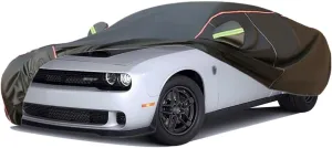 WOLWES Car Cover are Suitable for Dodge Challenger All-Weather Windproof, Snowproof, Rainproof, UV-Protected and Breathable All-Season Universal with Side Door Zip Oxford Cloth Car Cover (Color : Bla