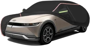 WOLWES Car Cover are Suitable for Hyundai IONIQ 5 All-Weather Windproof, Snowproof, Rainproof, UV-Protected and Breathable All-Season Universal with Side Door Zip Oxford Cloth Car Cover (Color : Blac