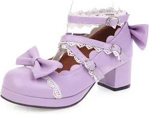 Women Block Heels Ankle Strap Maid Mary Jane Pumps Fashion Sweet Bownot Platform Cross Strap Lolita Princess Single Shoes