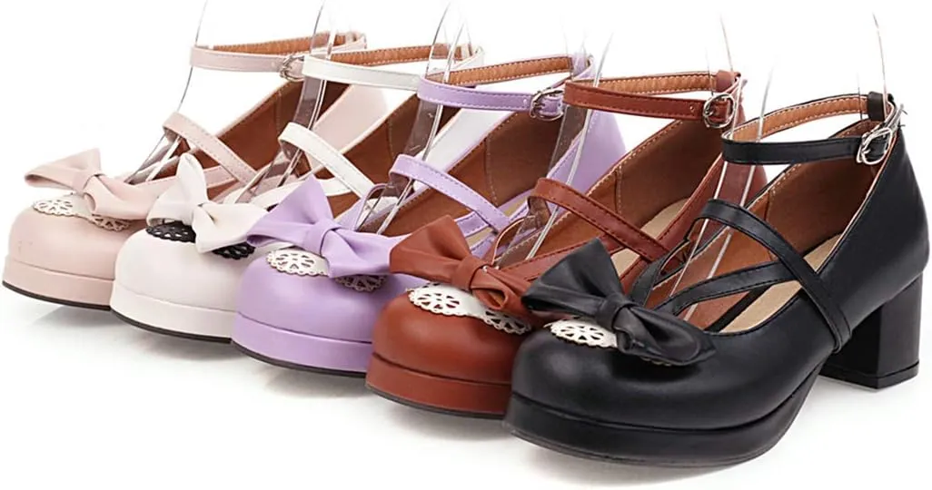 Women Block Heels Ankle Strap Maid Mary Jane Pumps Fashion Sweet Bownot Platform Lolita Princess Single Shoes