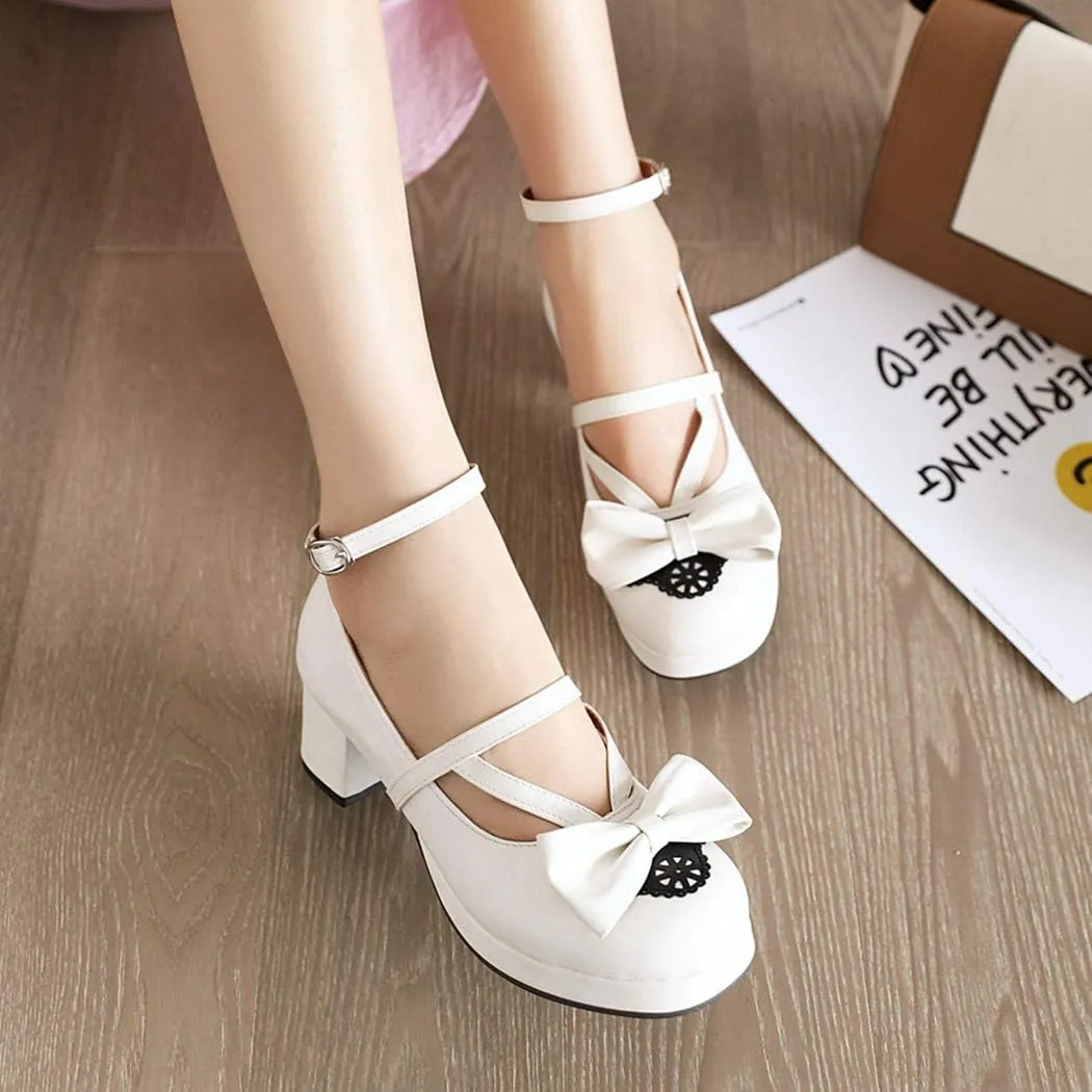Women Block Heels Ankle Strap Maid Mary Jane Pumps Fashion Sweet Bownot Platform Lolita Princess Single Shoes