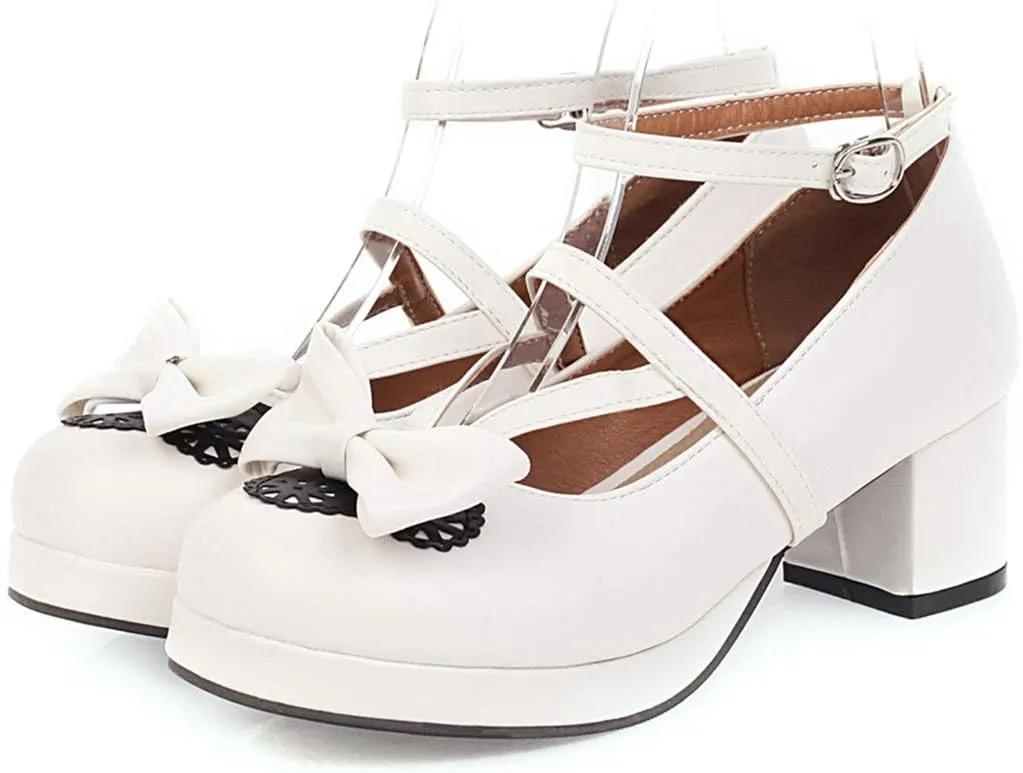 Women Block Heels Ankle Strap Maid Mary Jane Pumps Fashion Sweet Bownot Platform Lolita Princess Single Shoes