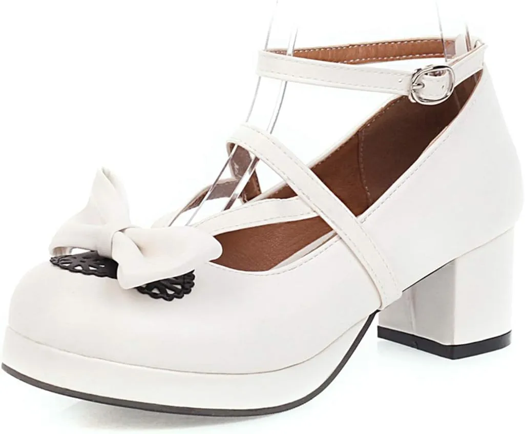 Women Block Heels Ankle Strap Maid Mary Jane Pumps Fashion Sweet Bownot Platform Lolita Princess Single Shoes