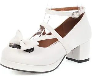 Women Block Heels Ankle Strap Maid Mary Jane Pumps Fashion Sweet Bownot Platform Lolita Princess Single Shoes