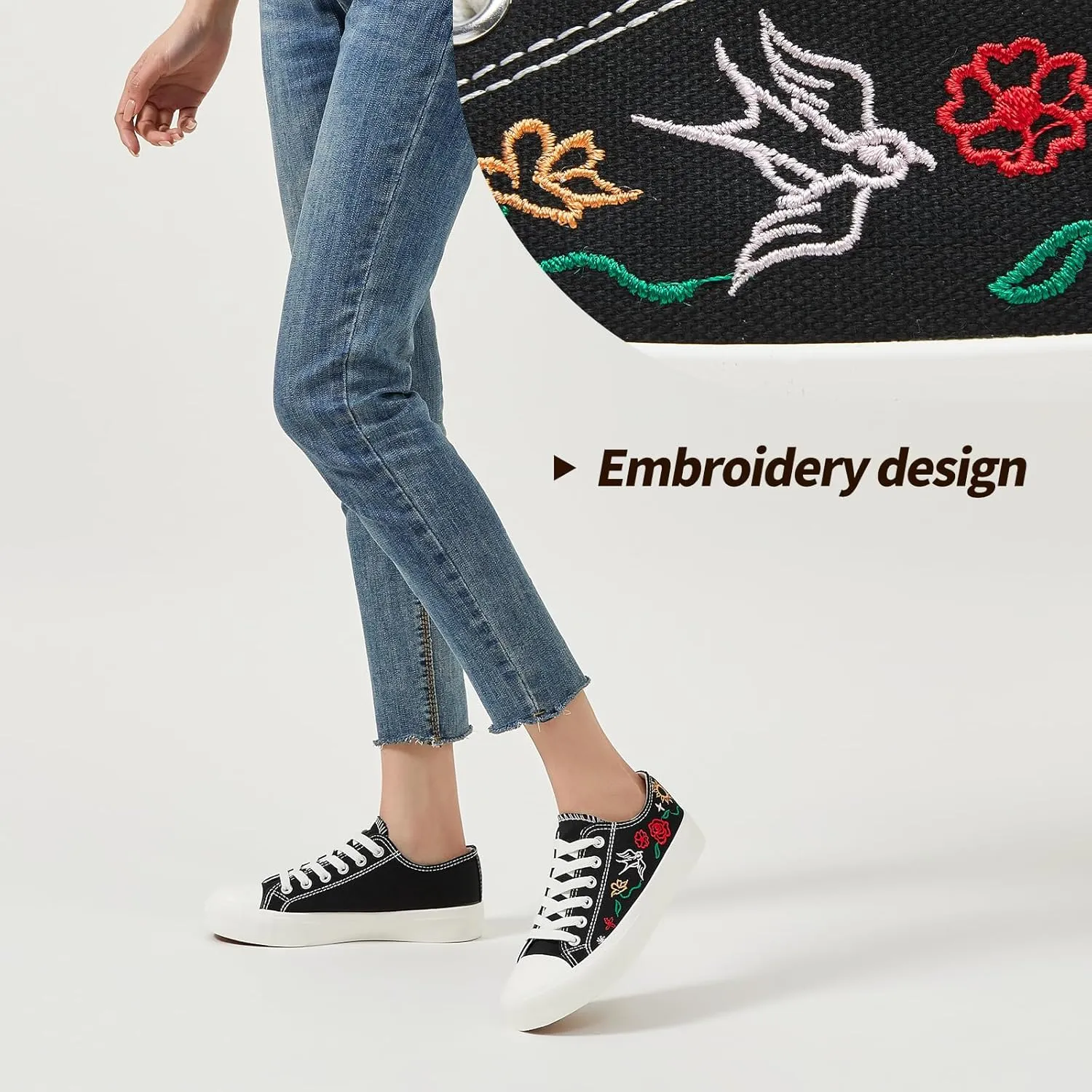 Women Canvas Sneakers with Embroidered Flower,Lace up White Tennis Shoes,Casual Low Top Fashion Sneakers