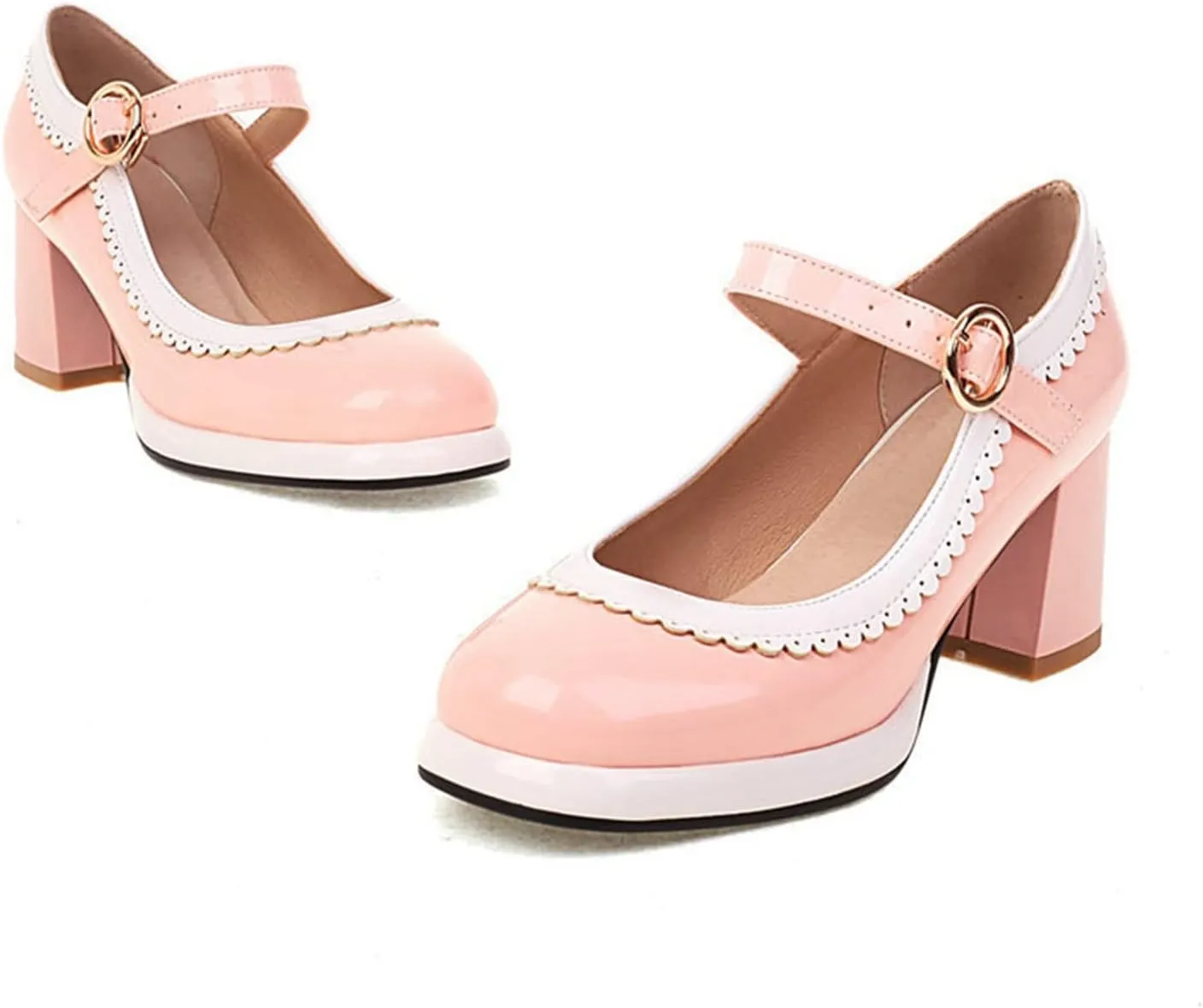 Women Chunky Heel Oxford Pumps Ankle Strap Gothic Mary Janes Two Tone Square Toe Platform Dress Shoes