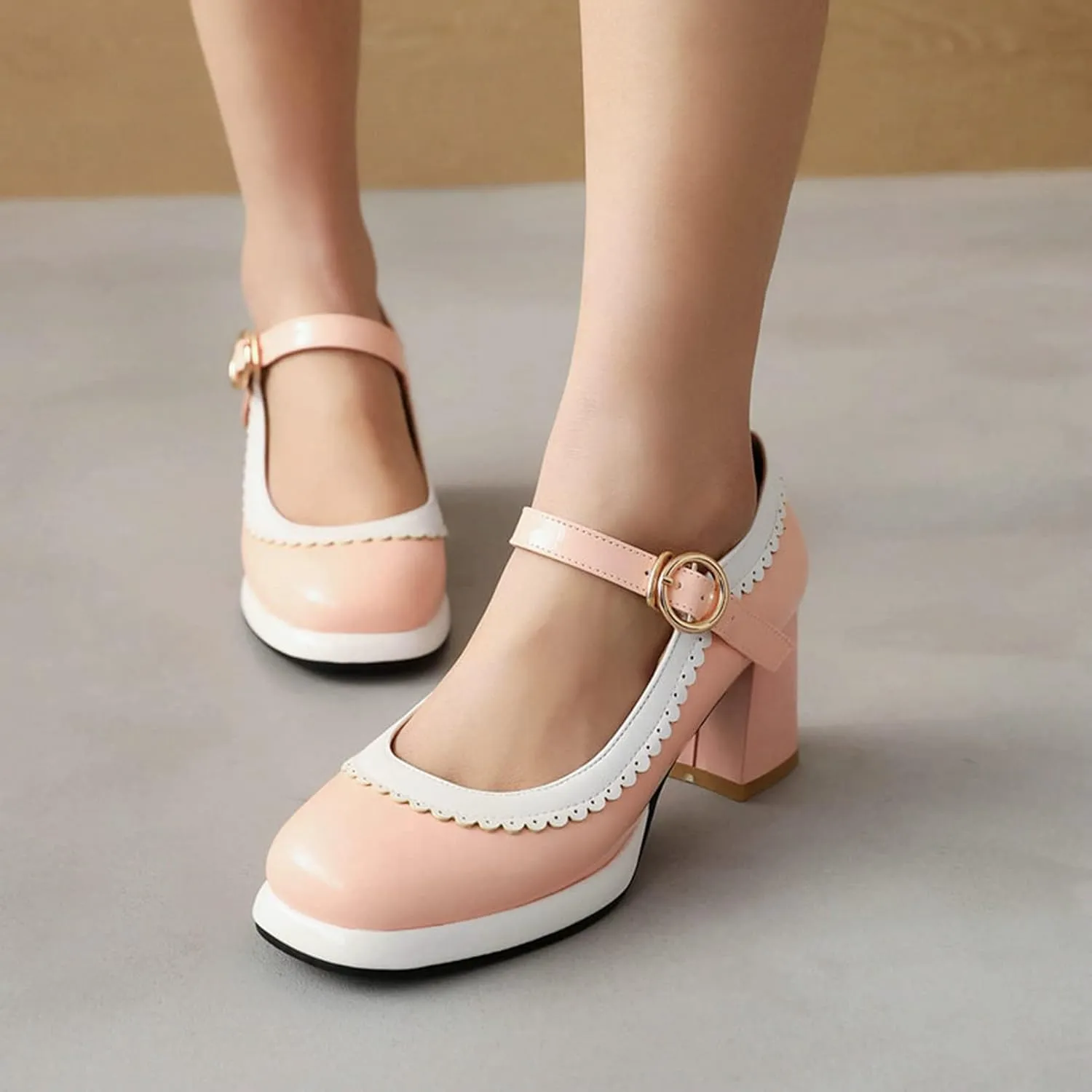 Women Chunky Heel Oxford Pumps Ankle Strap Gothic Mary Janes Two Tone Square Toe Platform Dress Shoes