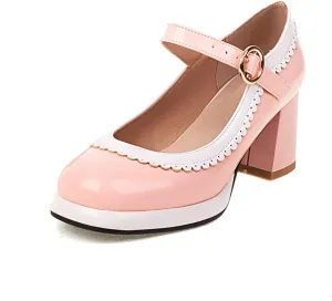 Women Chunky Heel Oxford Pumps Ankle Strap Gothic Mary Janes Two Tone Square Toe Platform Dress Shoes